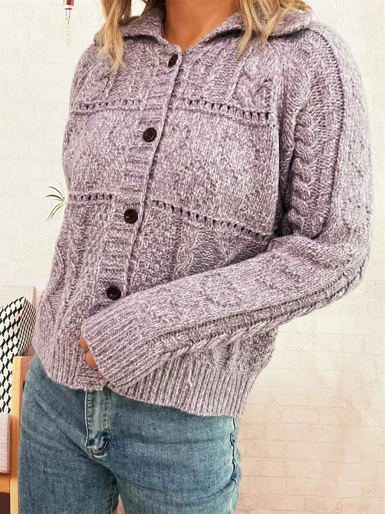 Openwork Cable Knit Button-Up Cardigan Purple One Size e3db8db5daf345d4b5d45bfcb64348ec-Max-Origin