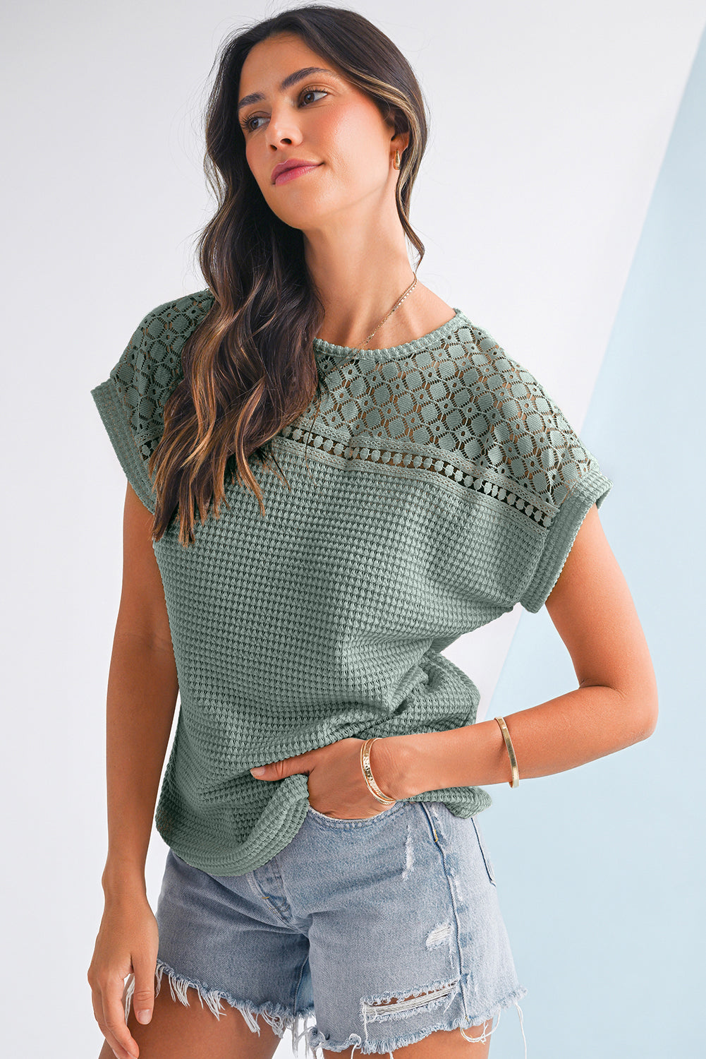 Mist Green Hollow Patchwork Waffle Knit Top e3e44c6dd8d6e4b7