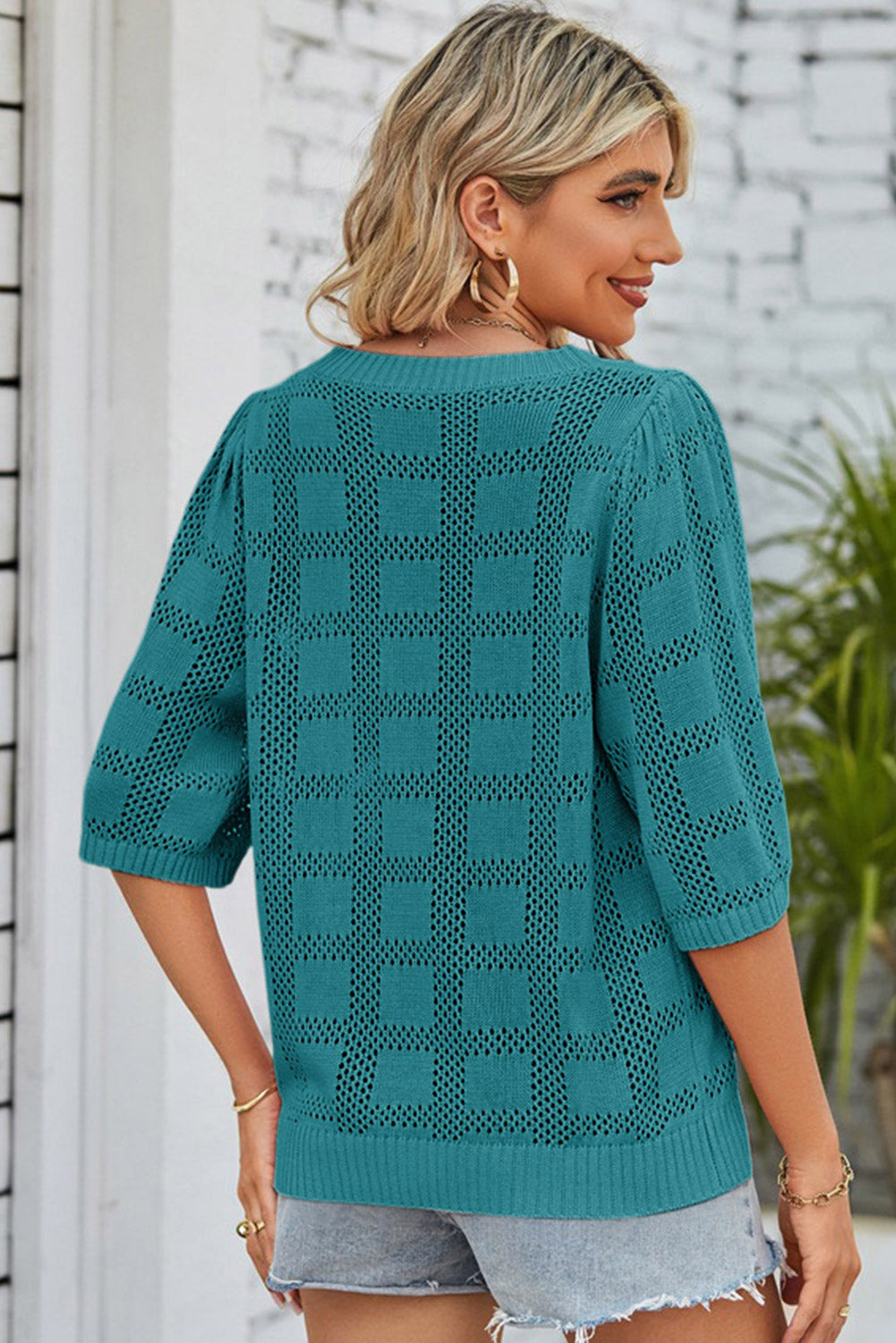 Skobeloff Plaid Pattern Crochet Knit Short Sleeve Sweater e3e5b68e7de17443