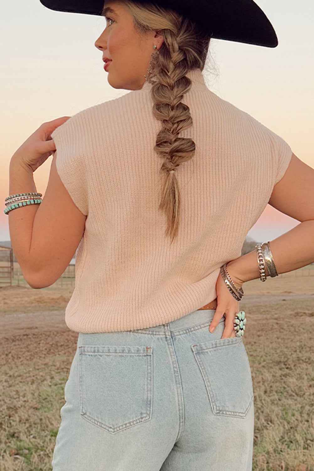 Oatmeal Cowboy Graphic High Neck Short Sleeve Knit Top e3e8949d05f7008e