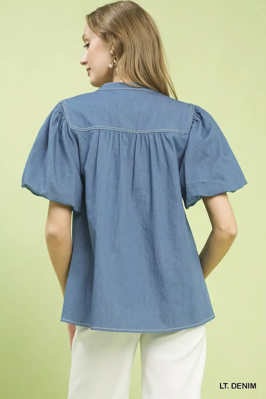 Denim Button Front Puff Sleeve Boho Blouse e3e92a14-7c2f-418b-8737-924be6eff749-Max-Origin