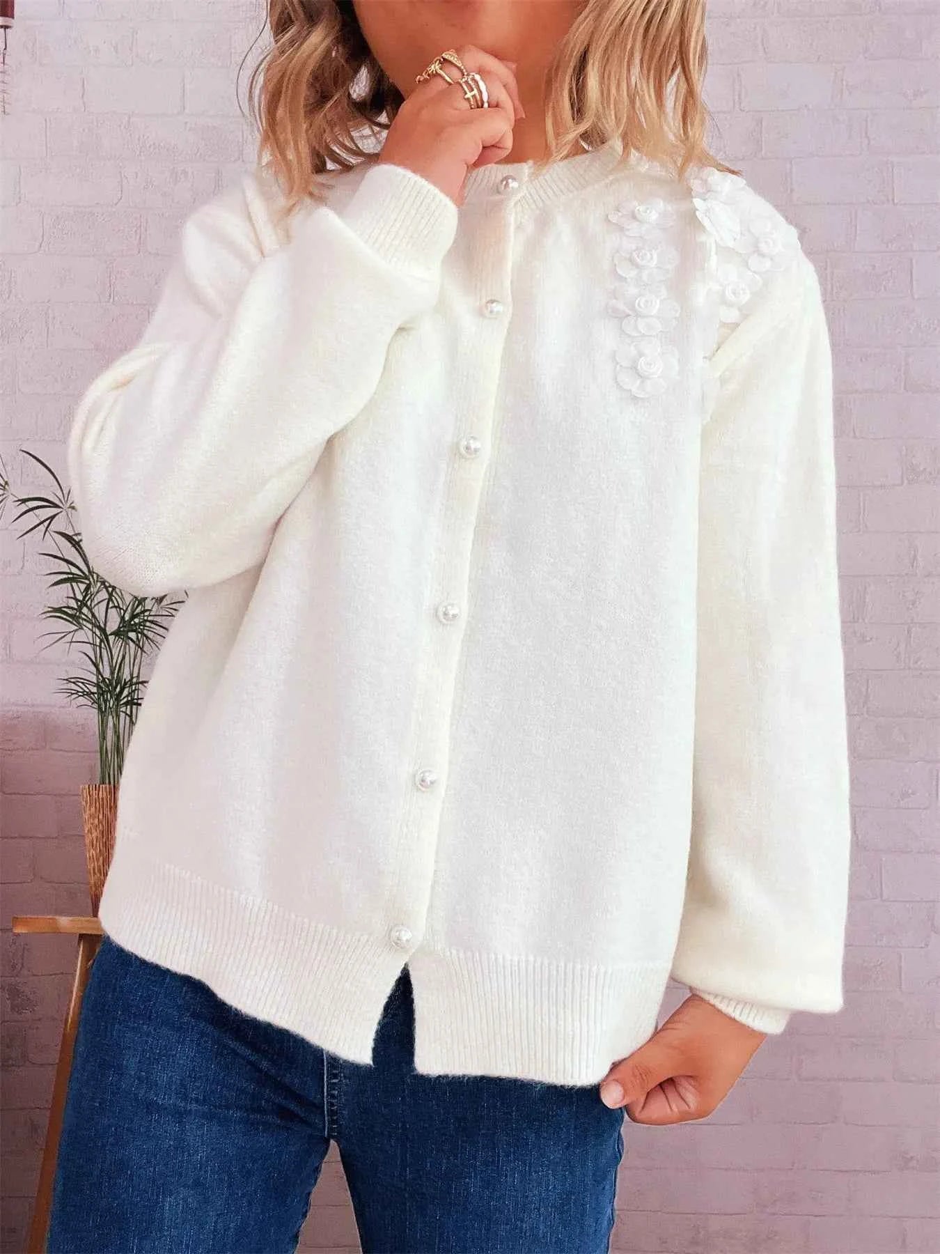 Flower Button Up Long Sleeve Cardigan White One Size e3f77a014d3a47aa90a0632a25e2a27b-Max-Origin