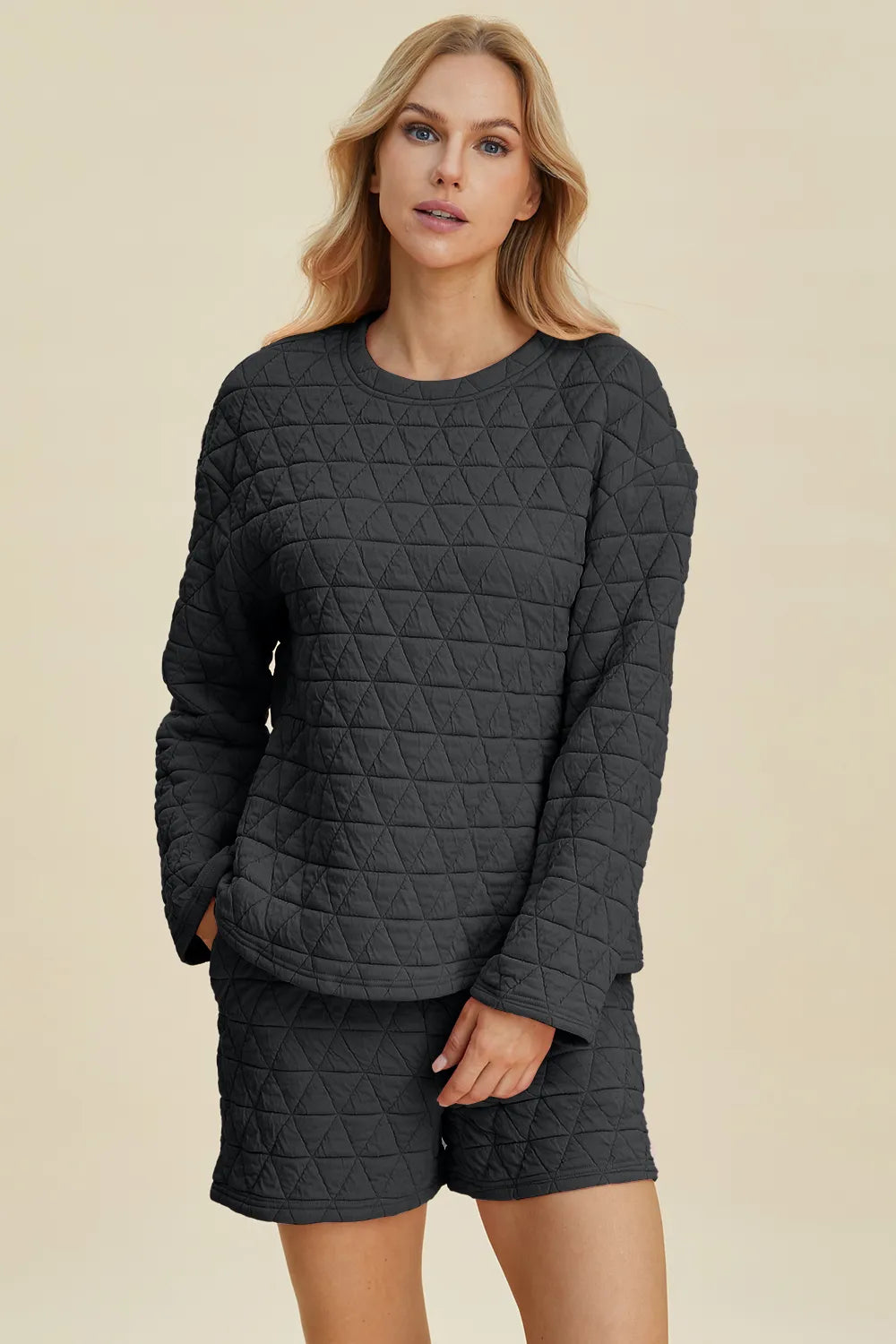 Double Take Full Size Texture Round Neck Long Sleeve Top and Shorts Set e3f90494-f840-4470-8e86-78b522e5be3c-Max