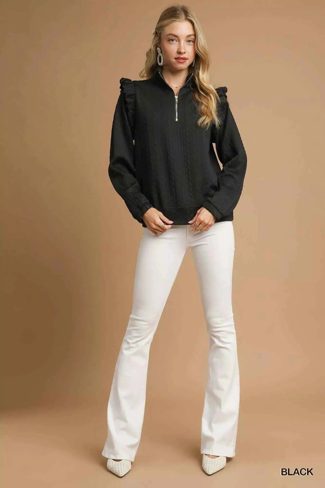 Umgee Cable Knit Textured Pullover with Ruffle Shoulders e3fde308-13db-42ae-a963-8eeaece23ae5-Max-Origin