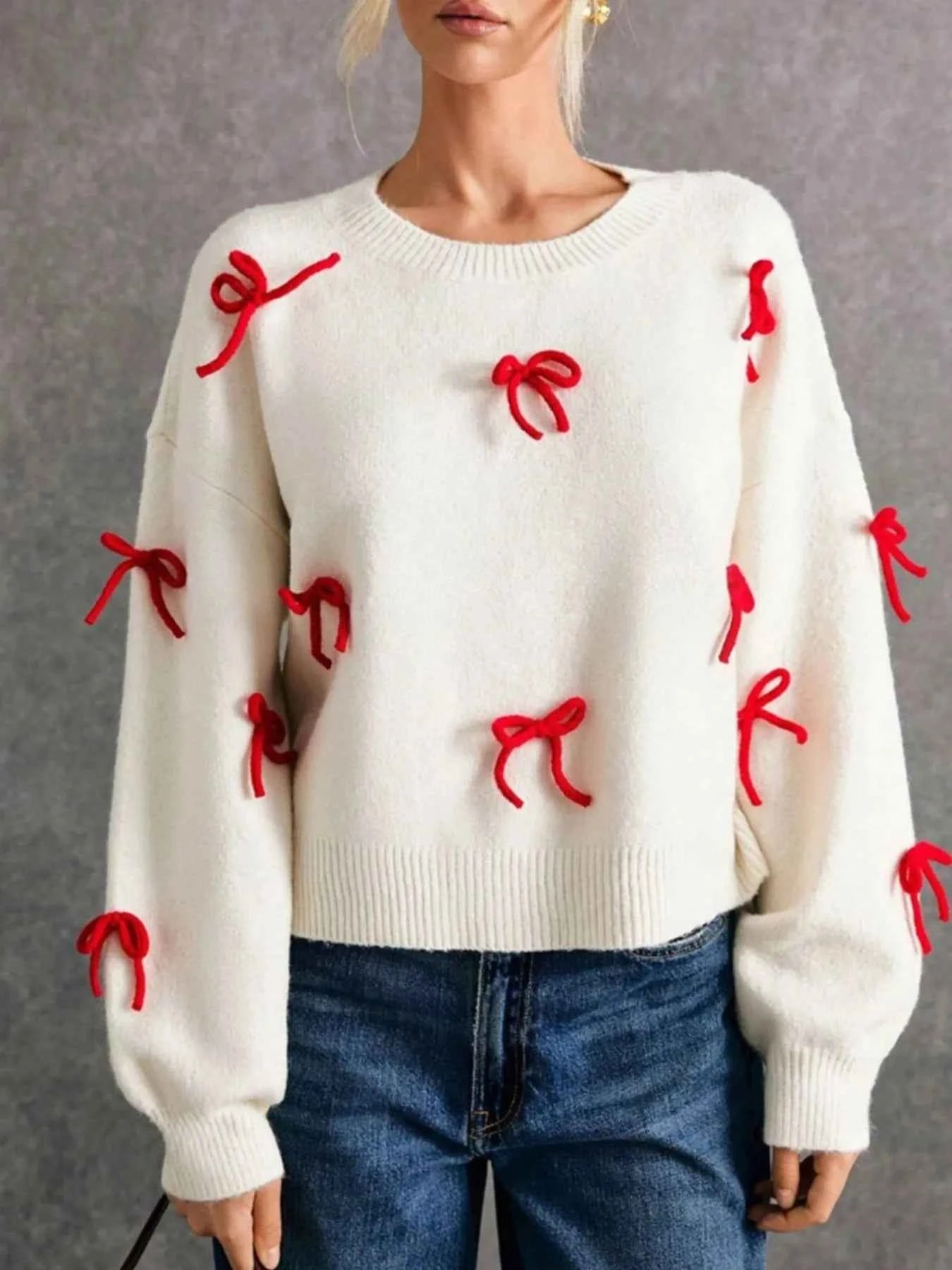 Bow Contrast Round Neck Long Sleeve Sweater