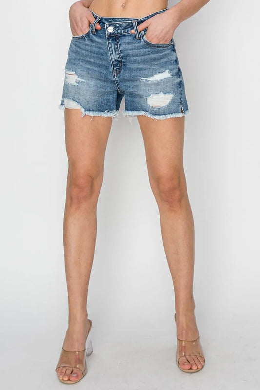 Stepped Waist Frayed Denim Shorts e403ff89-d278-4115-8a15-ae2c00a07b28-Max
