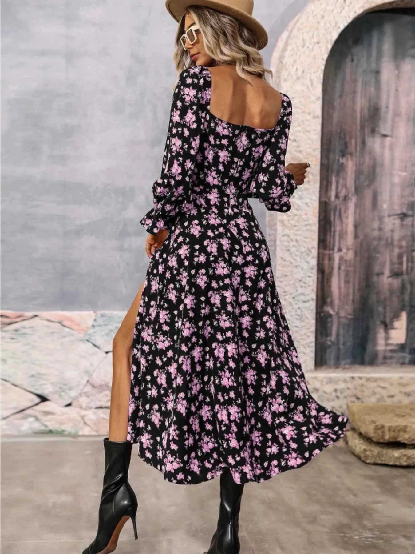 Floral Print Square Neck Flounce Sleeve Dress with Side Slit e4051dd357984fe48f0aea26ee0e029b-Max-Origin