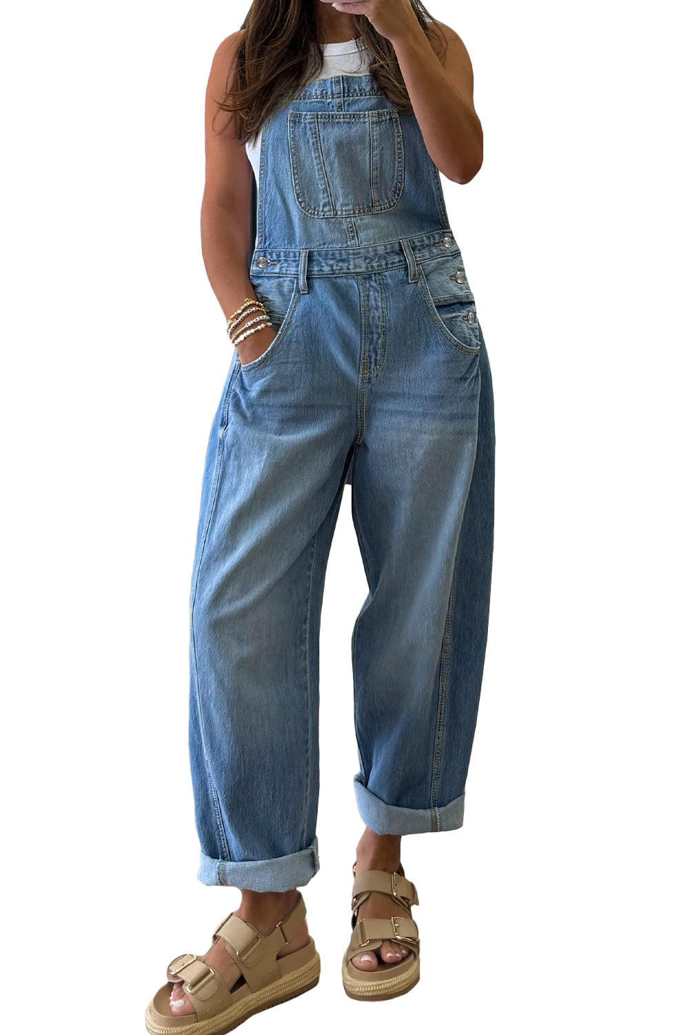 Dusk Blue Adjustable Buckle Straps Straight Leg Denim Overalls e408541a8abc37c7