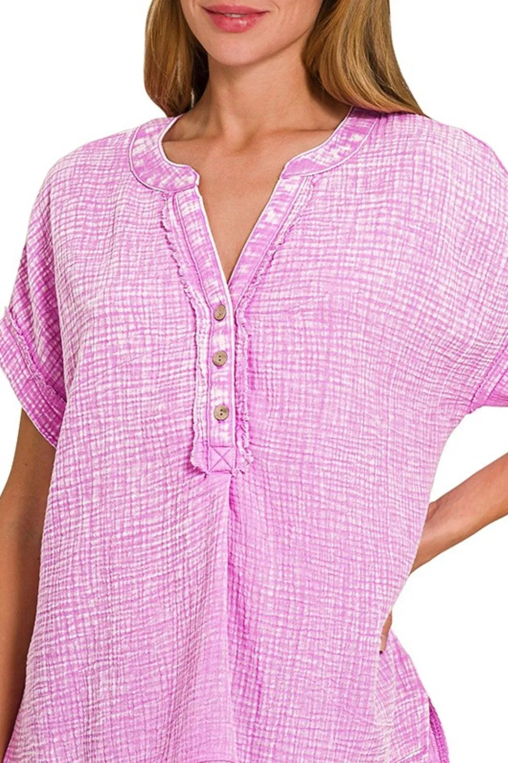 Zenana Washed Double Gauze 3/4 Button Henley Neck Shirt e40c8af3-d598-4e59-a9e2-ef3725f46e49-Max-Origin
