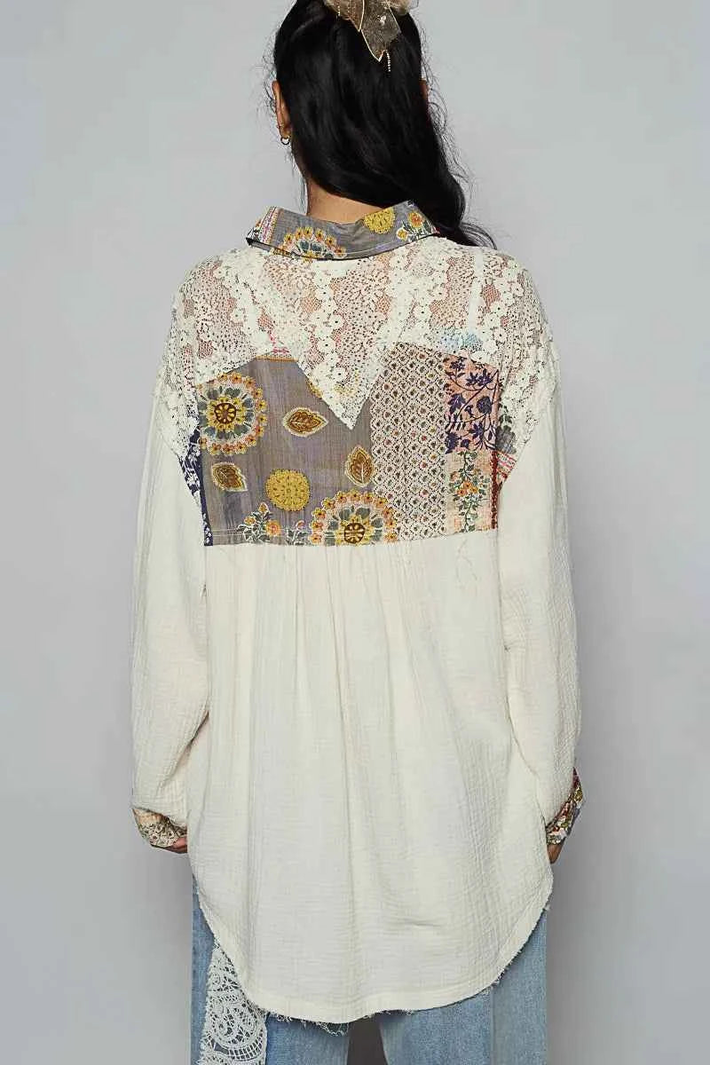 Lace Patchwork Floral Trim Long Sleeve Shirt e40e3a4e-bf1f-48ec-8c40-5dab2f1c38c8-Max-Origin