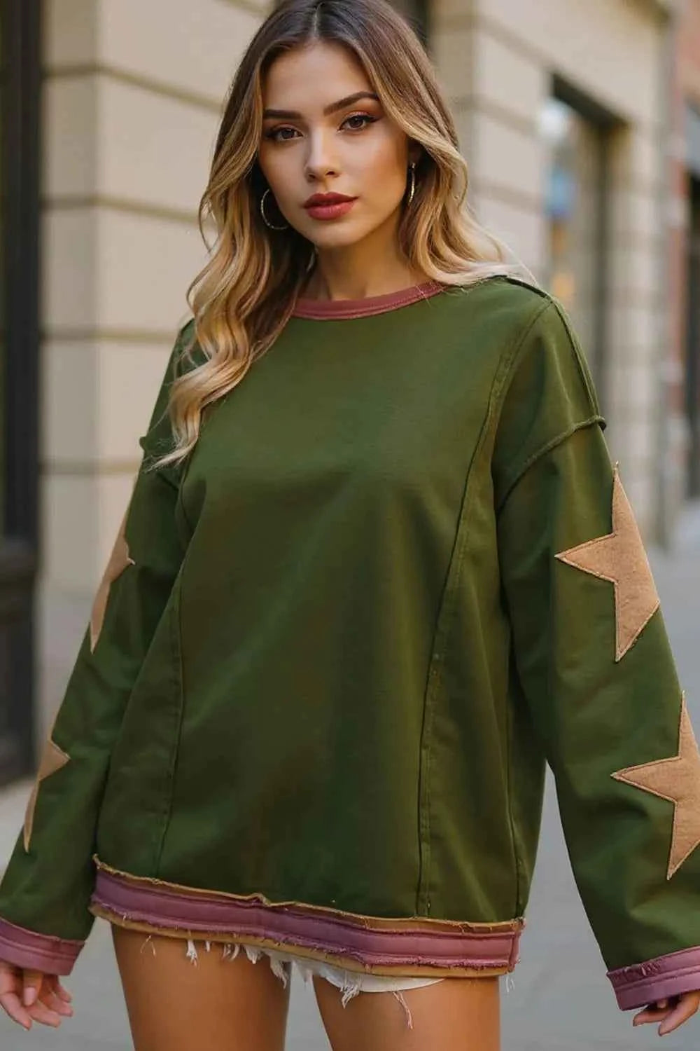 Double Take Star Patched Long Sleeve Sweatshirt Moss e4169705-819a-4e32-a3f3-7abec1726e32-Max