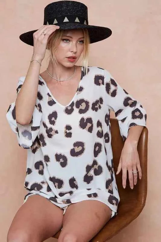 Leopard Printed V Neck Woven Top with Ruffled e4174617a04e4618a924e092812f6b5c-Max-Origin