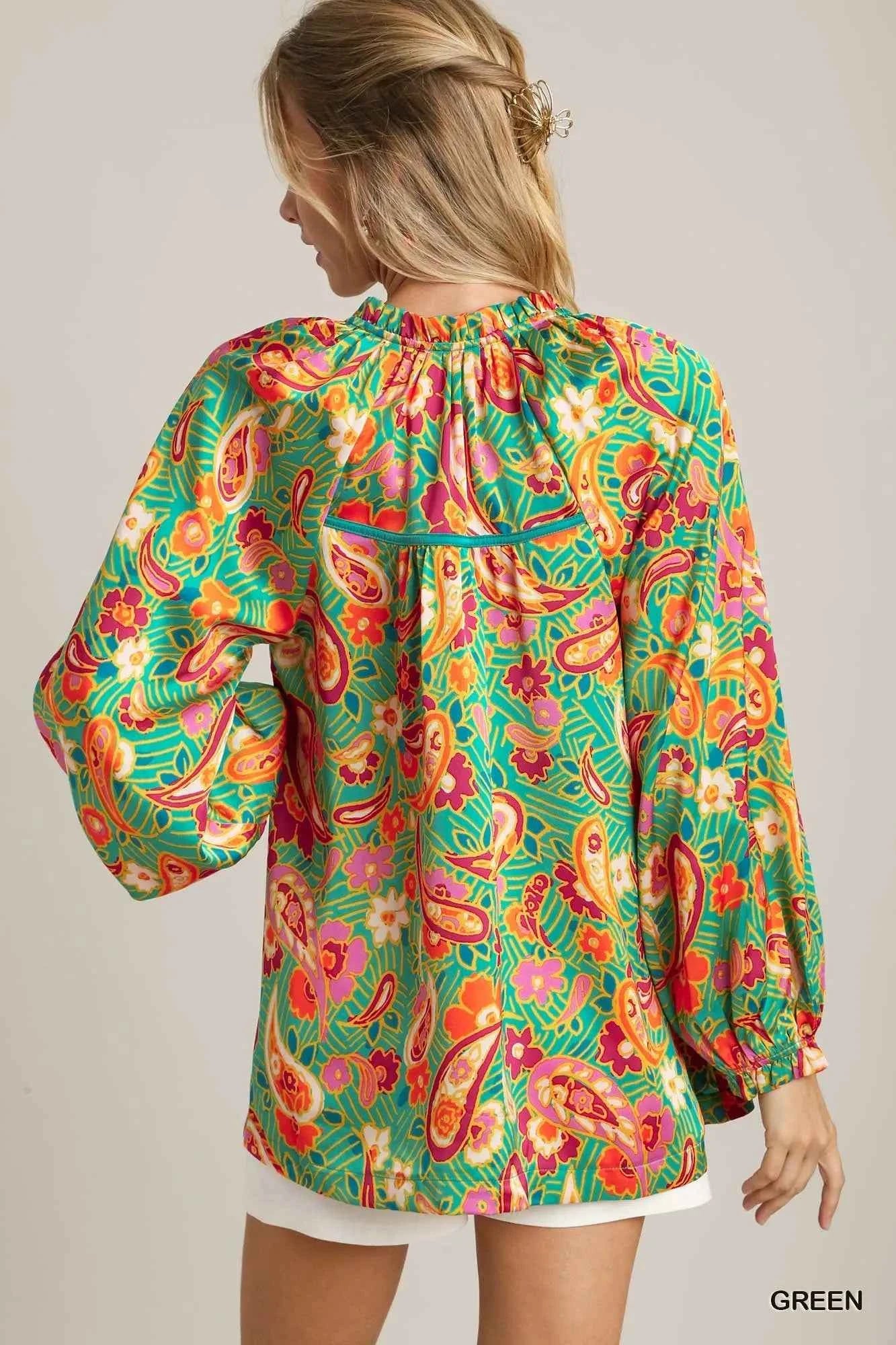 Umgee Satin Paisley Ruffle Neck Button-Up Shirt e417c469-13dd-4246-84f4-3e0932d39b24-Max-Origin