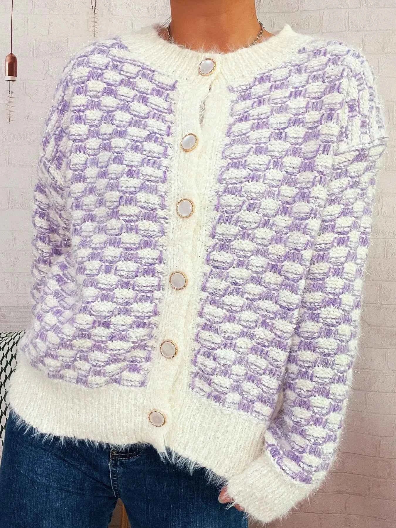 Fluffy Textured Button-Up Cardigan Purple One Size e41cdc4eb5bc4ac3a3c5e6d2393a1550-Max-Origin