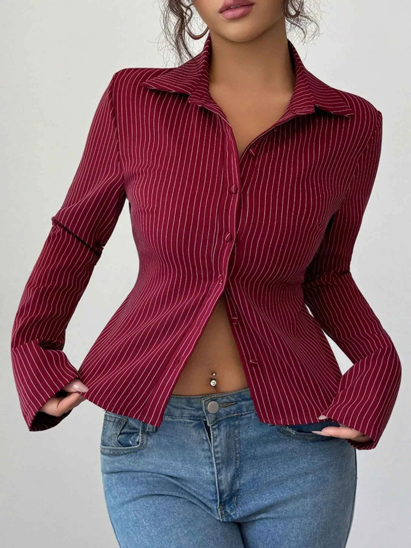 Striped Button-Up Fitted Shirt Burgundy e41e8fa7-9f94-483f-b561-c9526322d9f5-Max-Origin