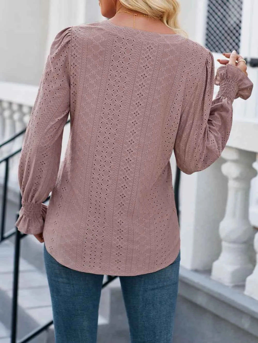 Lovelet Eyelet Notched Flounce Sleeve Blouse e42043e8-fb44-49be-9ca6-46fc65011842-Max
