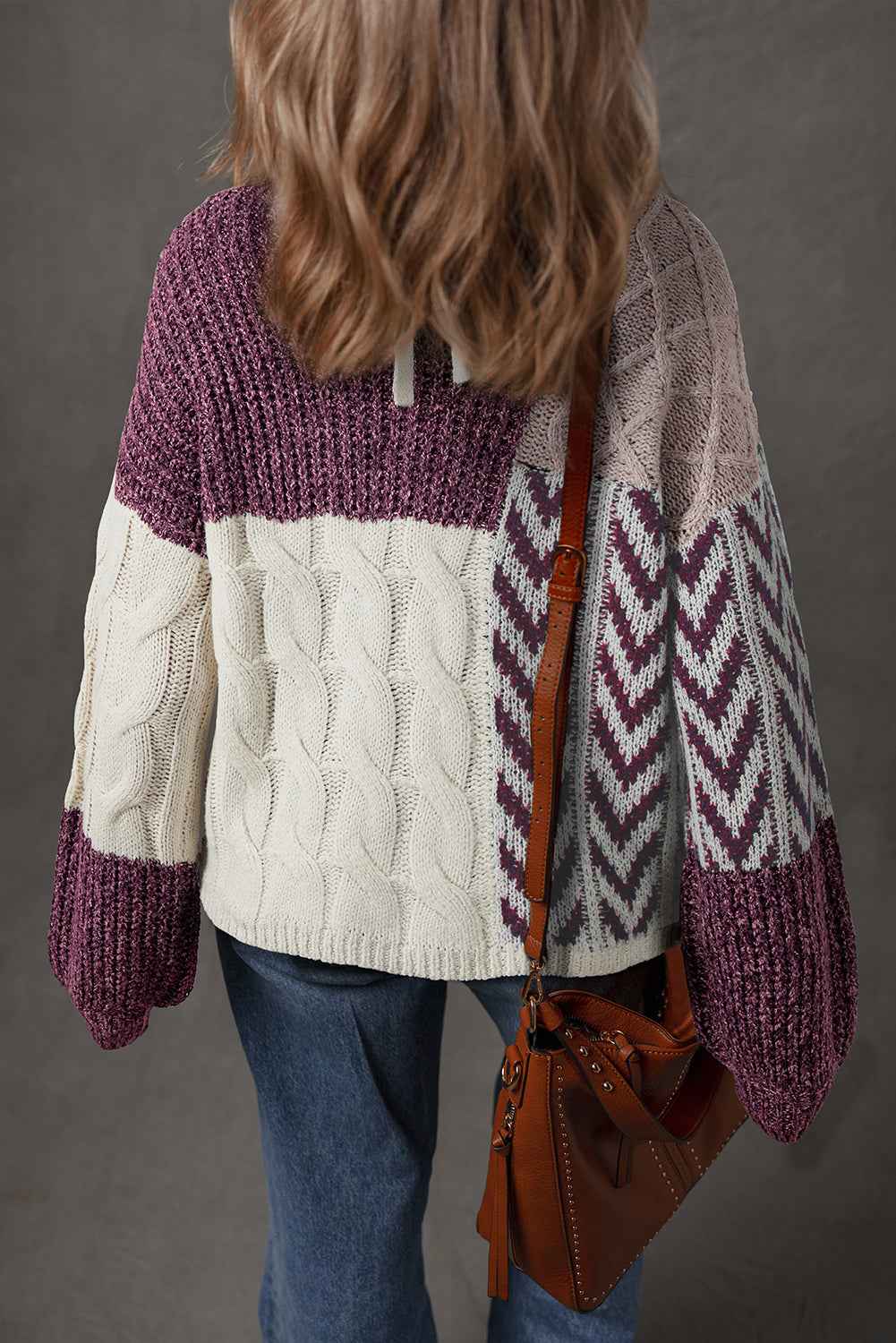 Purple Color Block Patchwork Knotted Back Loose Fit Sweater e4217d6a1cf1c6c8