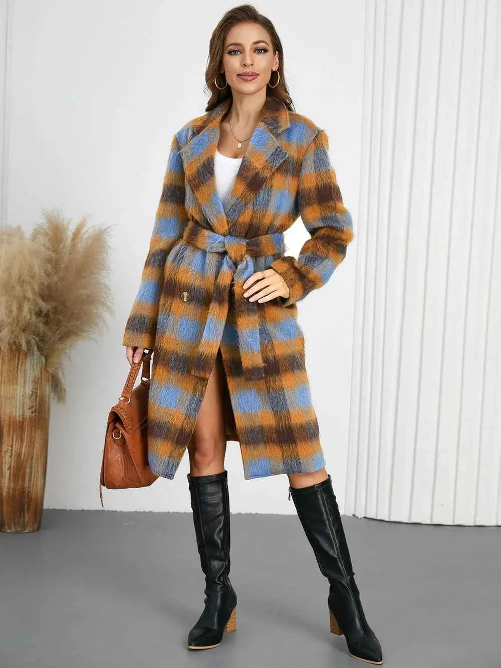 Tied Plaid Collared Neck Coat Light Blue e4270bf5-ebed-4add-846b-0827d1416e13-Max