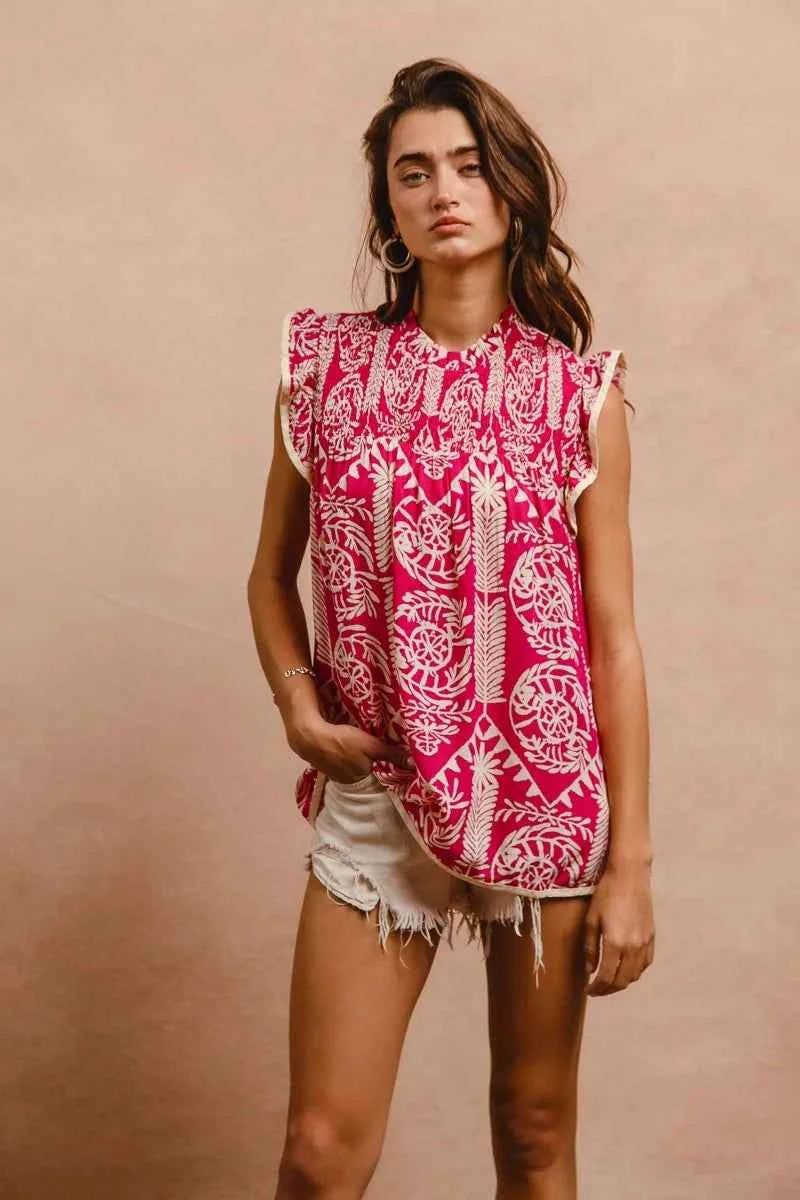 Printed Ruffle Sleeve Top e42bd11633674305a22a617b0adf8cea-Max-Origin