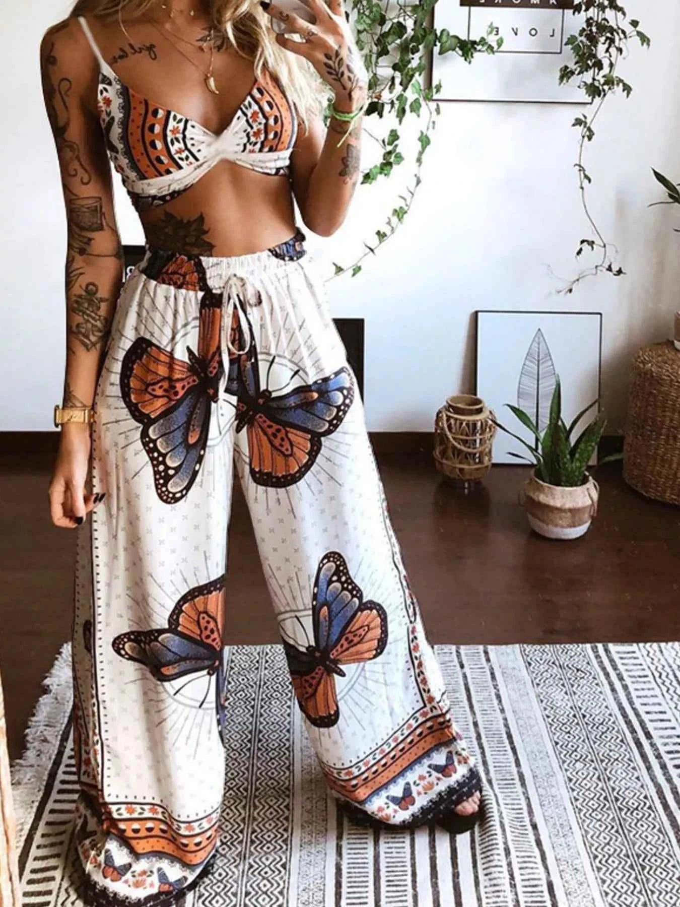 Boho Butterfly Print Top and Pants Set White e42e68a9-aa09-493b-9c90-b5da13667f2a-Max-Origin