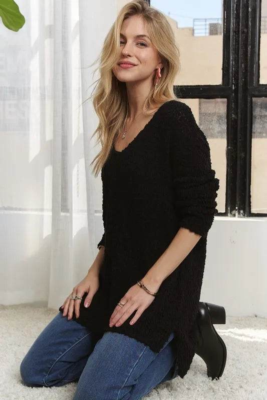 ADORA High-Low Side Slit V-Neck Sweater e4339eb7-4e35-4fbb-9ce1-cb9d4e6fd238-Max