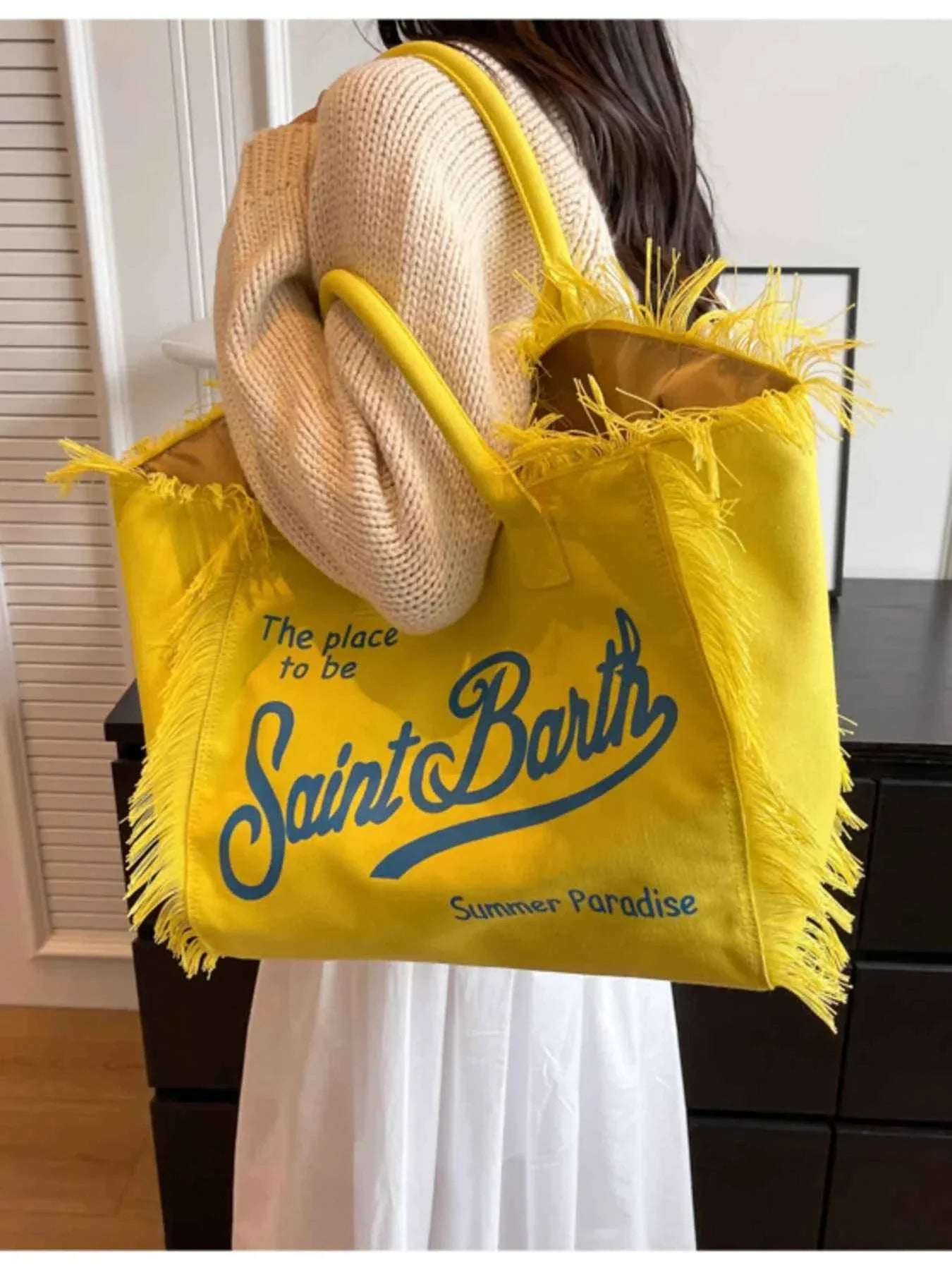 Fringe Letter Canvas Tote Bag Yellow One Size e433a37d492b4845a5dd44e0509ea44f-Max-Origin
