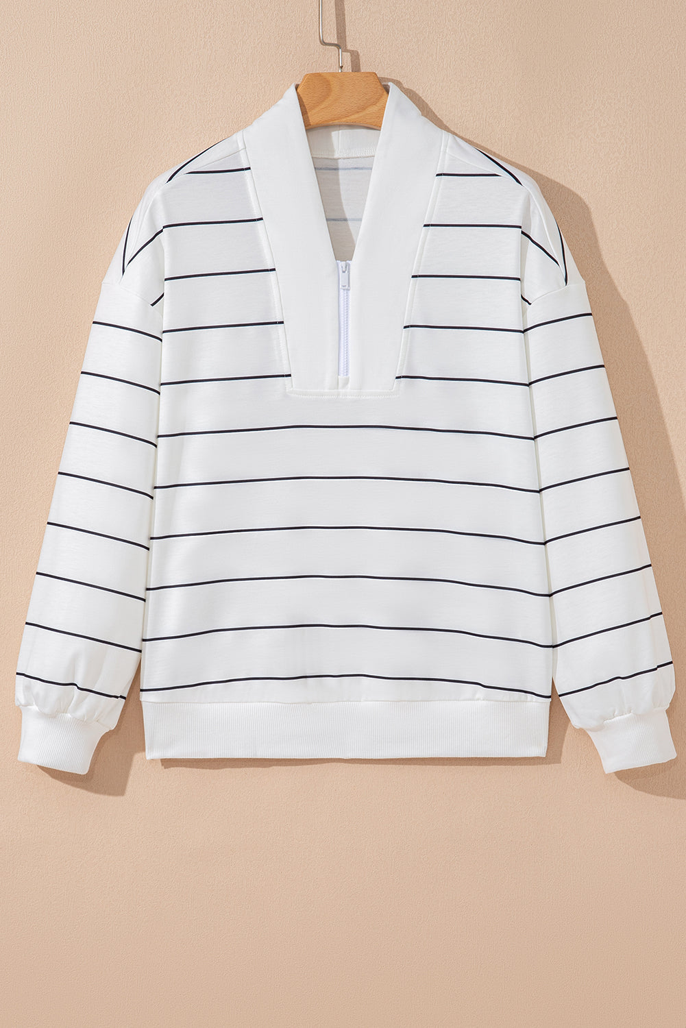 White Striped Zipper V-Neck Drop Sleeve Top e43944a4fc82267d