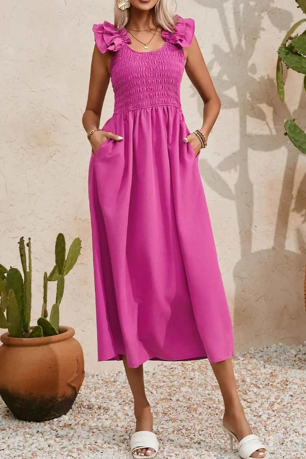 Solid Color Ruffled Straps Smocked Ruched Maxi Dress e439bb66-874c-4c32-b997-243919fd97f1-Max-Origin