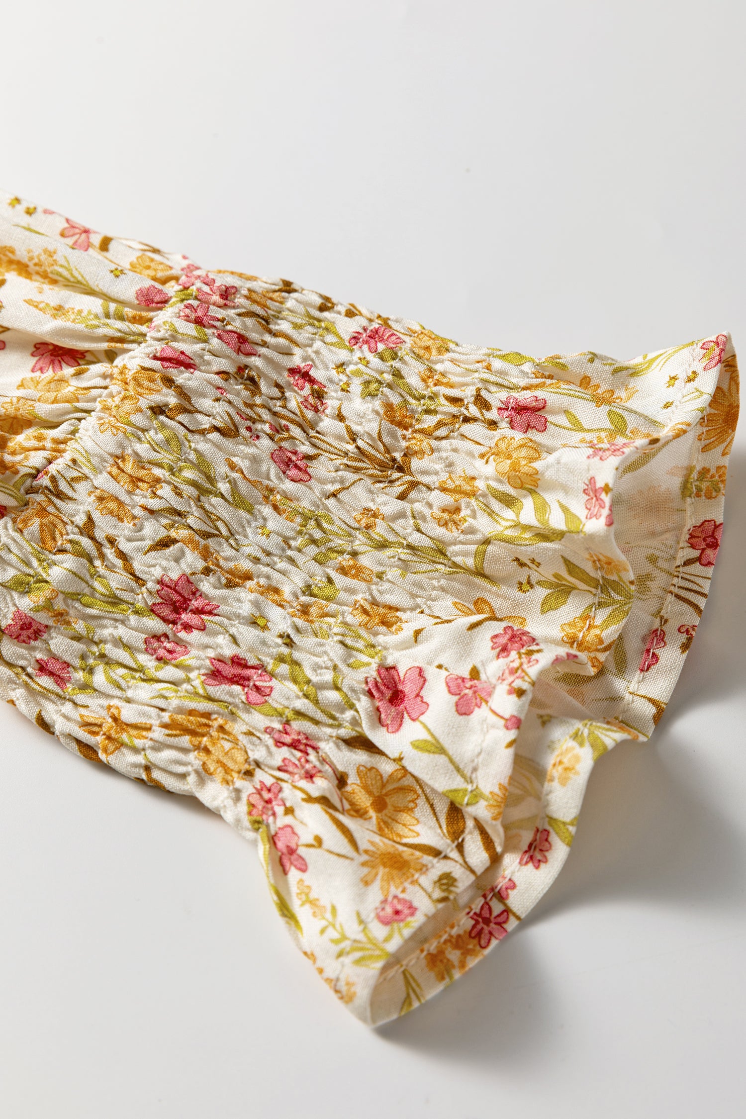 Yellow Floral Print Frilly Trim Smocked Cuff Long Sleeve Loose Shirt Dress e43af306533518a1