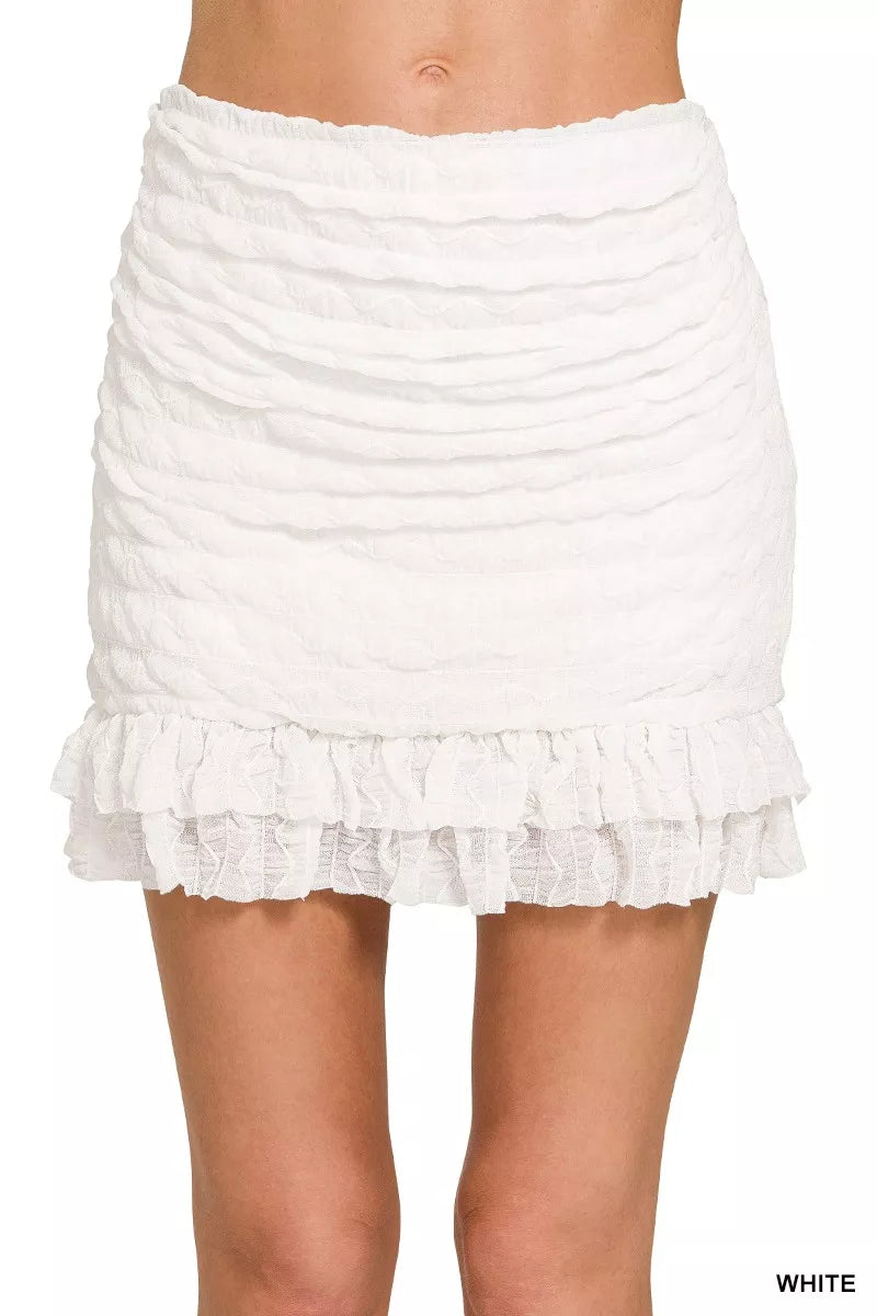 Zenana Ruched Mini Skirt with Built in Shorts WHITE e43cd432cf1849eba3d5f26d3cb56d23-Max-Origin