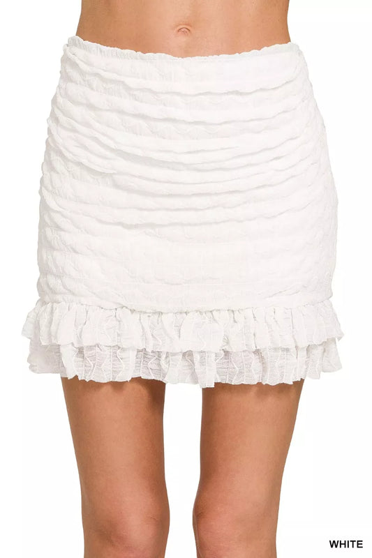 Zenana Ruched Mini Skirt with Built in Shorts WHITE e43cd432cf1849eba3d5f26d3cb56d23-Max-Origin