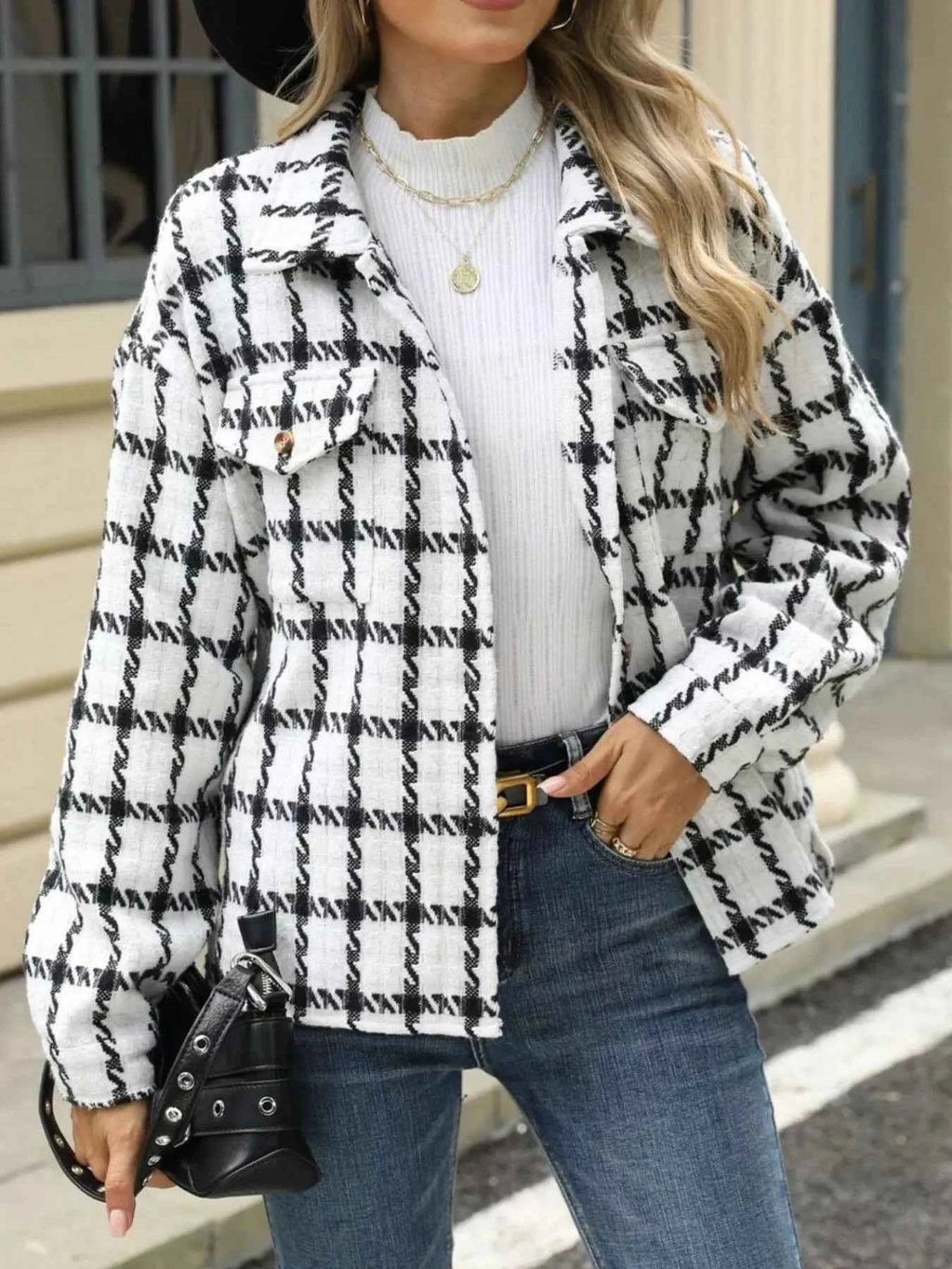 Plaid Button Up Long Sleeve Jacket White e444ab3d-1960-4ff1-801f-519070edfb40-Max-Origin