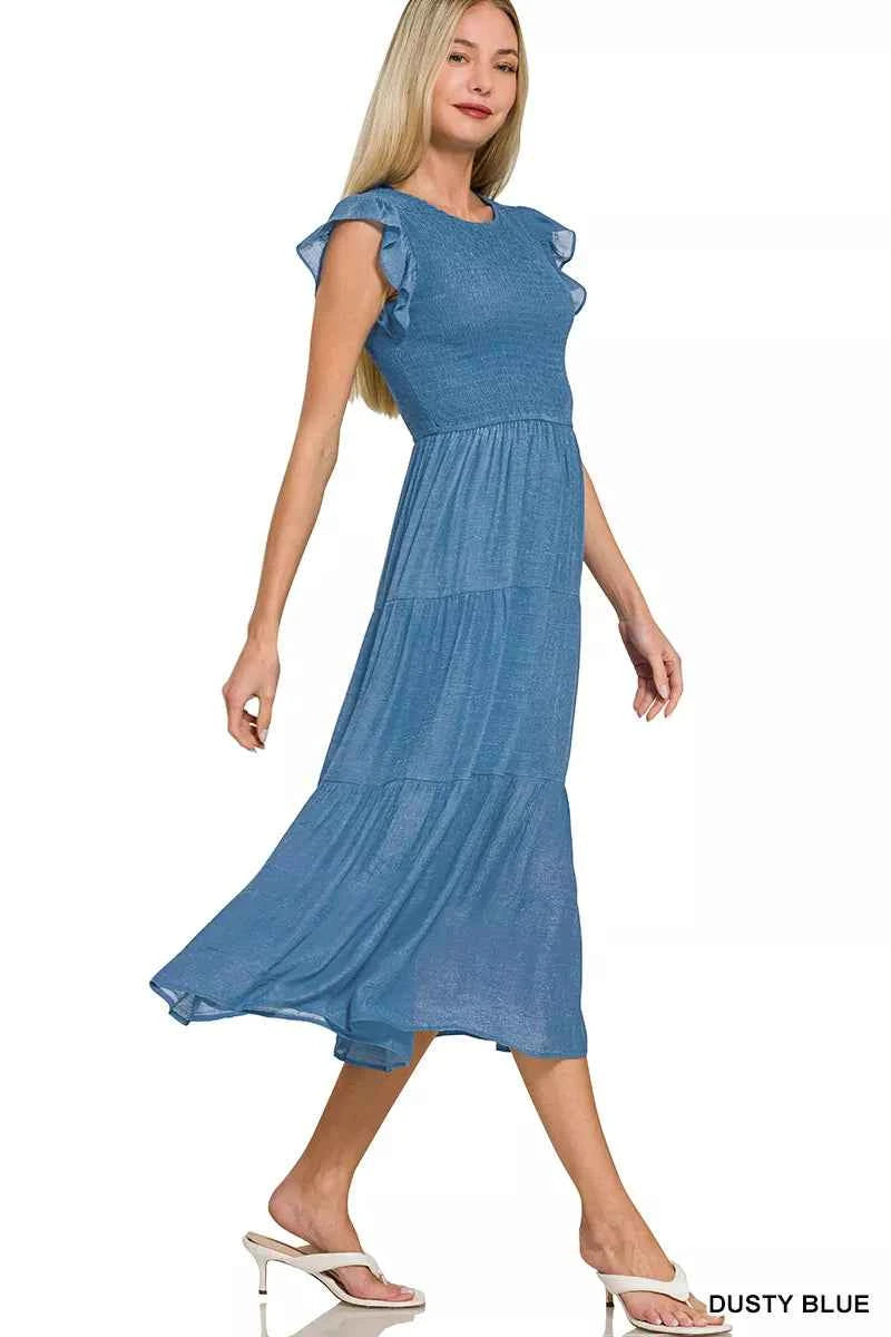Zenana Woven Smocked Ruffle Sleeve Midi Dress e448895c-7f3c-4242-aa3b-f63bd9aea9ee-Max-Origin