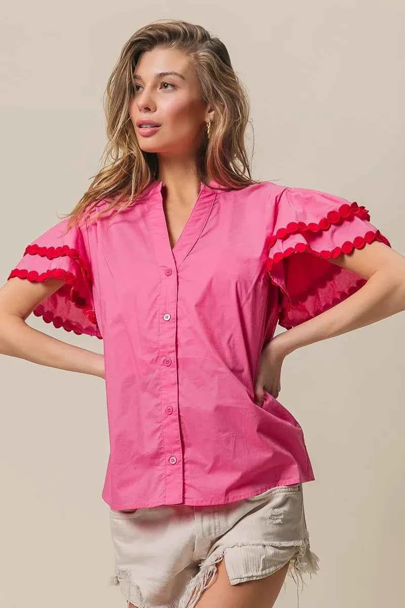 BiBi Dot Trim Flutter Sleeve Notched Top e44f251cb90c41fbb0327cdef8f7adb4-Max-Origin