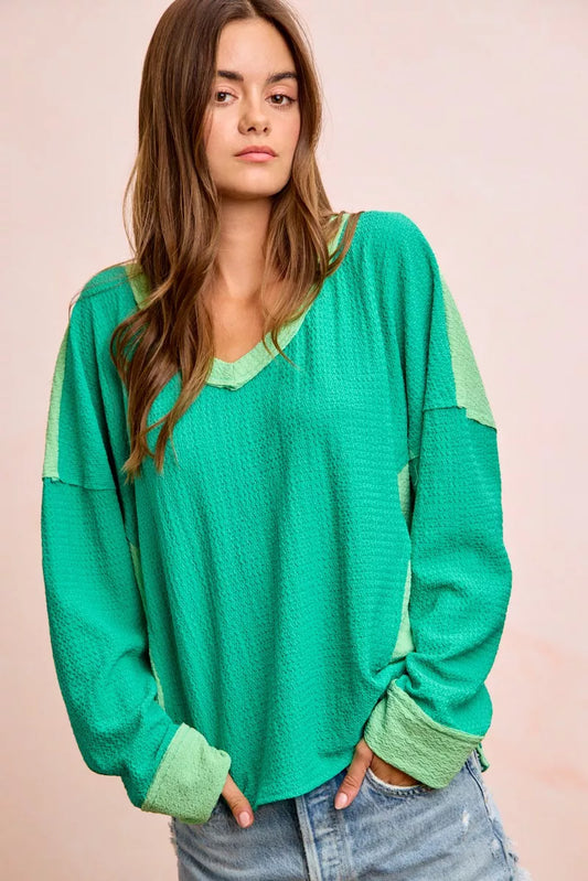 Textured Jersey Color Block Top With Cut Edge e457330f-1247-4e4c-b3f5-3a8aa61ee176-Max-Origin