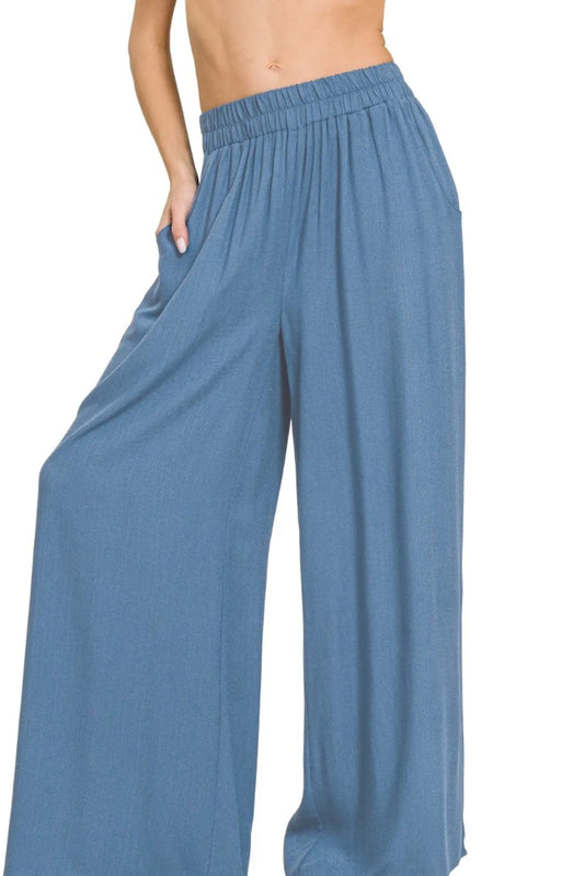 Zenana Elastic Band Woven Pants With Pocket