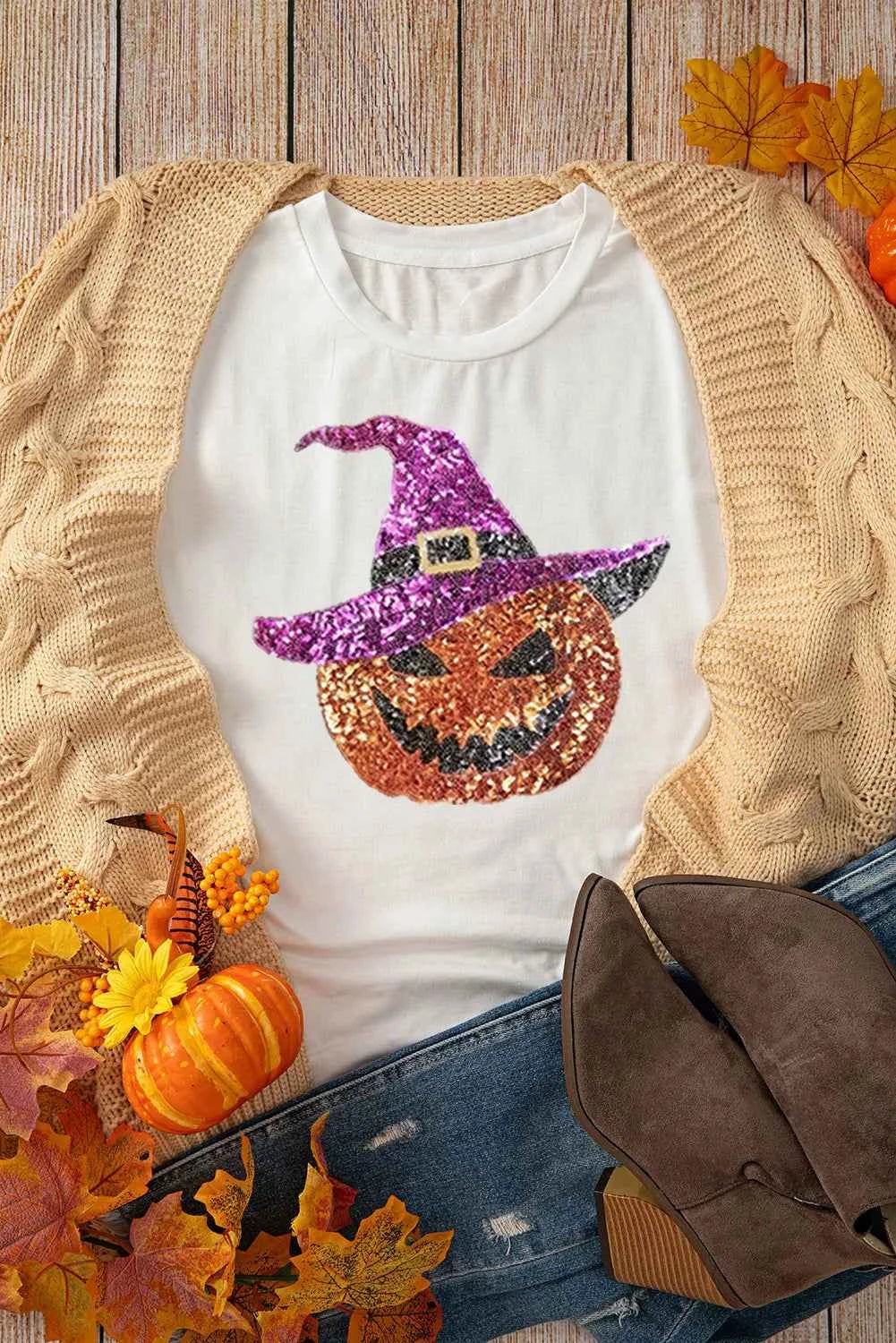 Sequin Pumpkin Round Neck Short Sleeve T-Shirt e45a9084-bf03-4741-899e-4c4ea0f1510e-Max