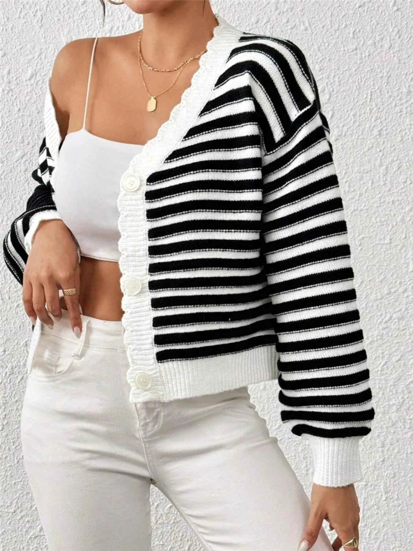 Rainbow Striped Cropped Cardigan with Balloon Sleeves