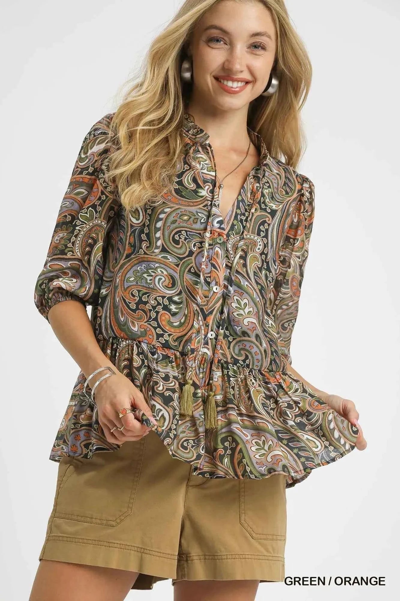 Umgee Paisley Print Peplum Blouse GREEN ORANGE e45b1b13-d824-48f4-b630-f41bec32f942-Max-Origin