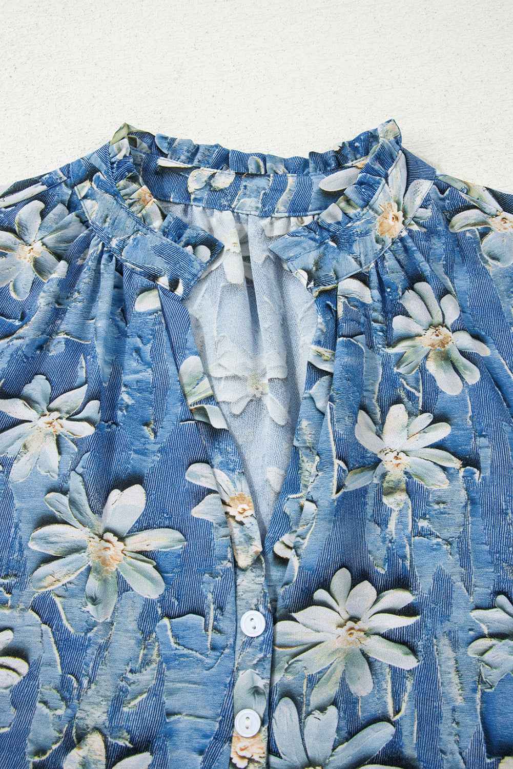 Sky Blue Fall Floral Half Placket Collared V Neck Blouse e45b56200890aba2