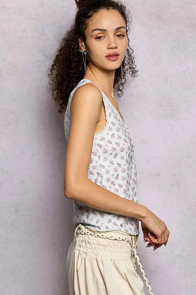POL Ruched Floral V-Neck Tank with Lace Detail e45c8823-4c01-4171-9a92-a0fce389c518-Max-Origin