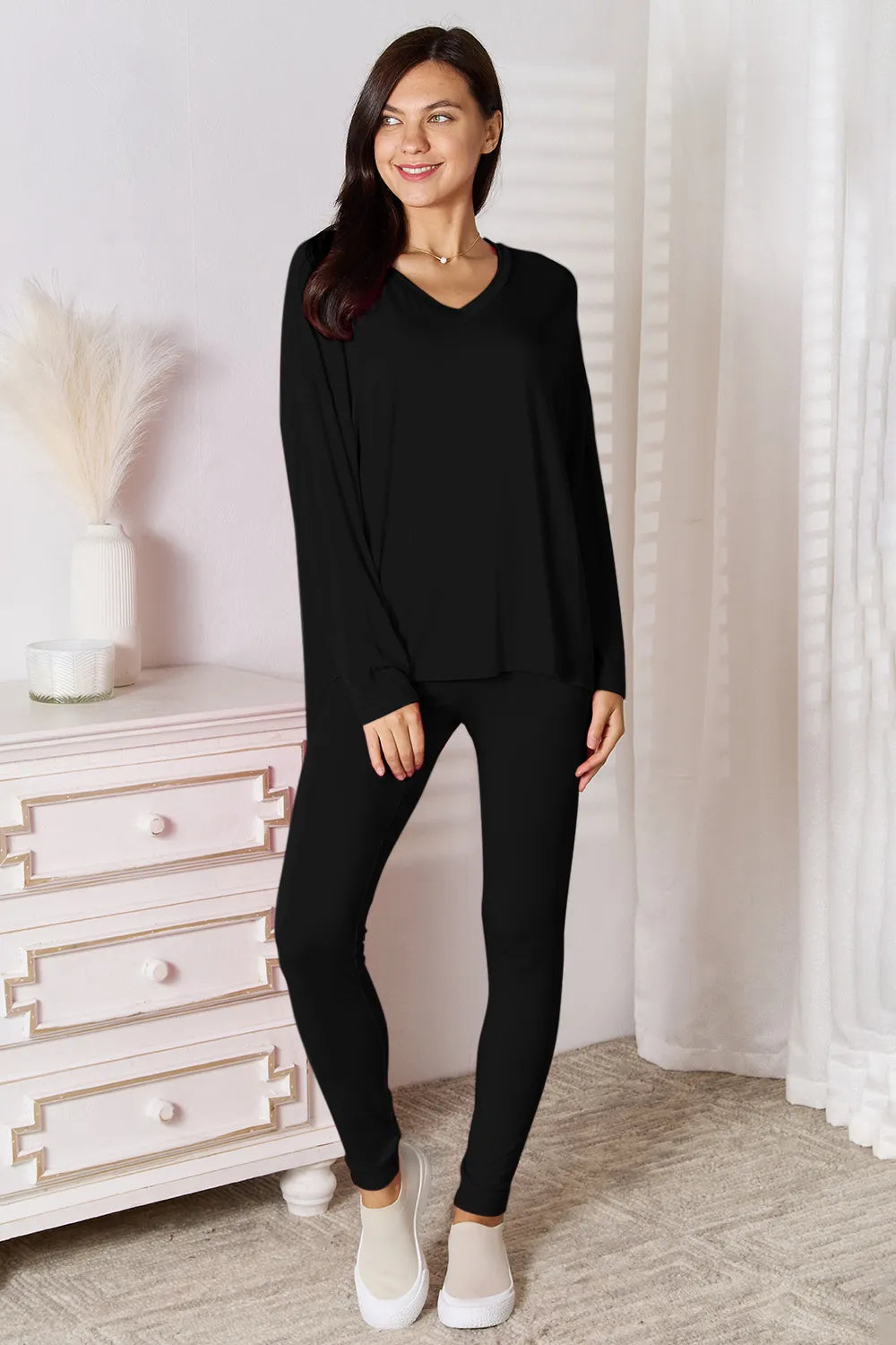 Basic Bae Bamboo Full Size V-Neck Long Sleeve Top and Pants Lounge Set Black e464a9dc-5170-4d67-a77e-6cd5d8a304a1-Max