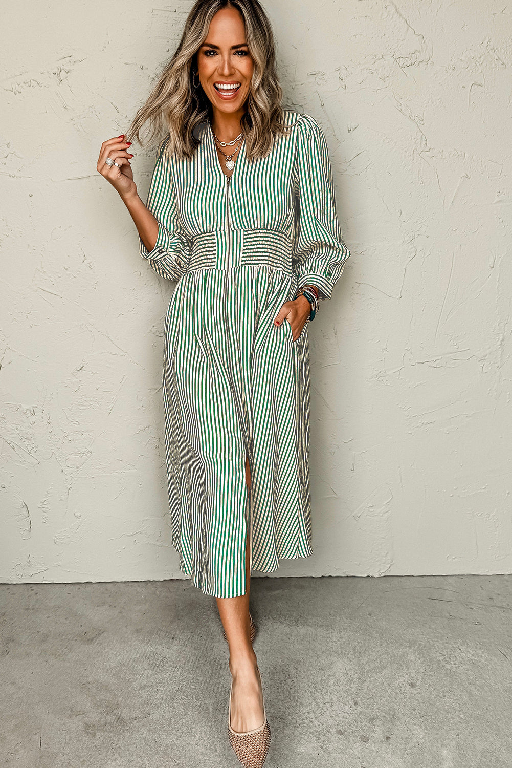 Green Striped V Neck Zip Front Cinched High Waist Midi Dress e4688ab735dfb554
