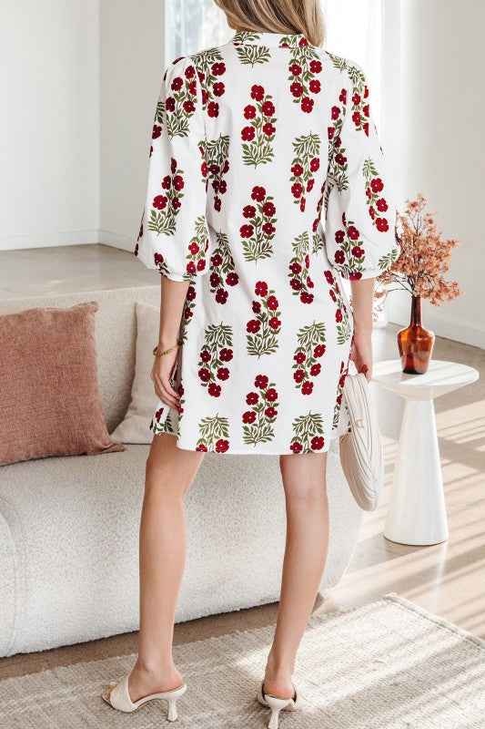 Floral V-Neck 3/4 Puff Sleeve Mini Dress e46a107b-ed40-4903-9d7d-592848c7a580