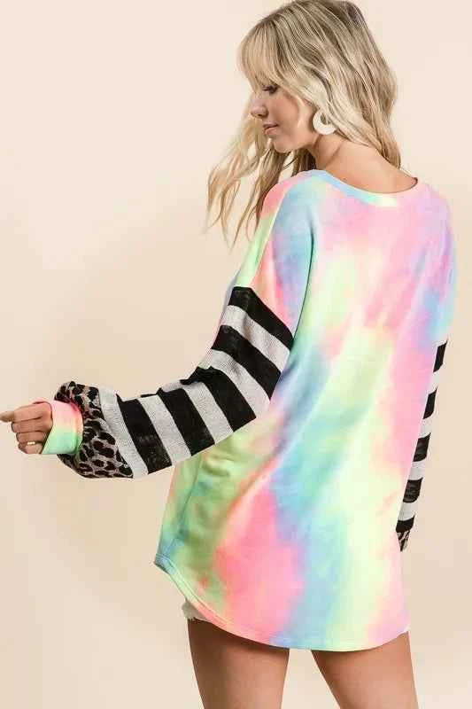 Tie Dye V Neck Top with Stripe Puff Sleeves e46b0a81322a45abb4067a5337f7c7f6-Max-Origin