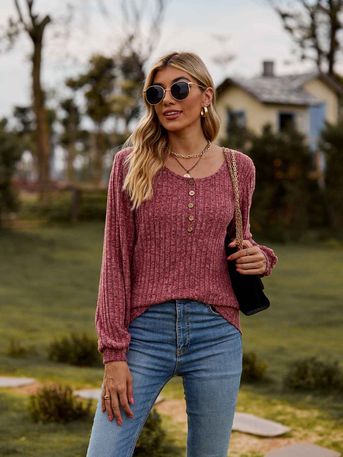 Round Neck Button-Down Long Sleeve Tee e46dfd94d12240cb96faab499fc381ce-Max