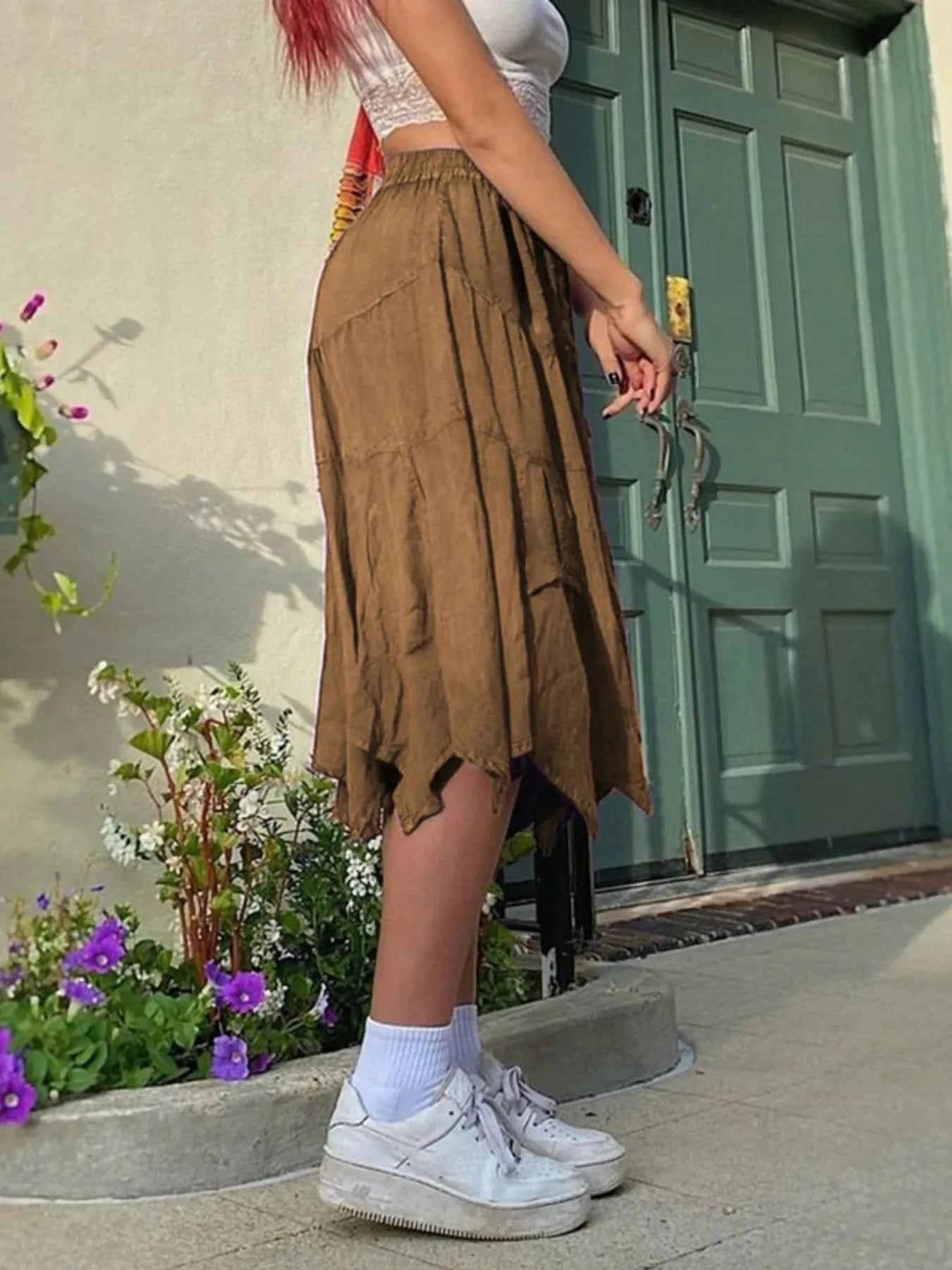 Asymmetrical Hem Midi Skirt with Drawstring Waist e46e36f06c1448ccafe15331239b7576-Max-Origin
