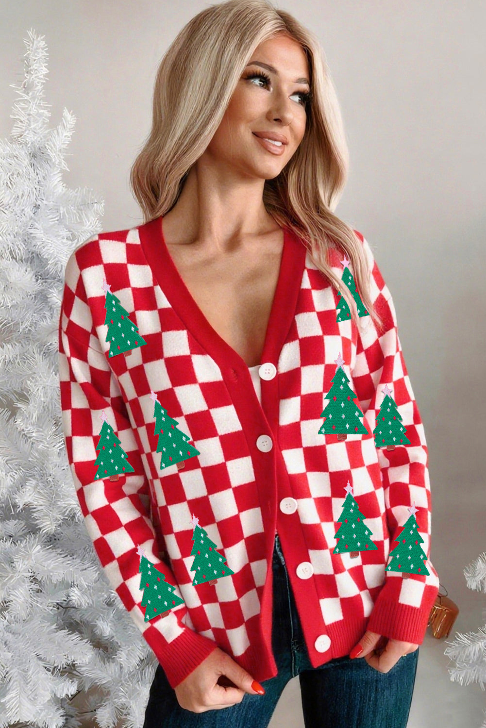 Red Checkered Christmas Tree Pattern Button V Neck Knit Cardigan e46f3b3d1935d7e3