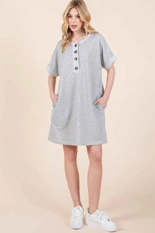 BOMBOM Casual Contrast Trim Henley Dress GREY e4788b66ee0c467184e24c44cf7e74c1-Max-Origin