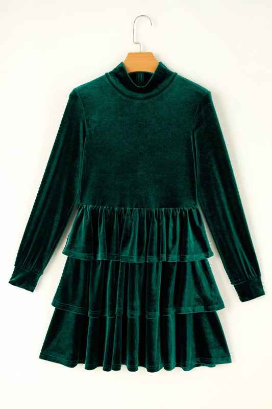 Velvet High Neck Tiered Ruffle Mini Dress Evergreen e478ba05-00d3-4c8c-a223-299b3d48e9ed